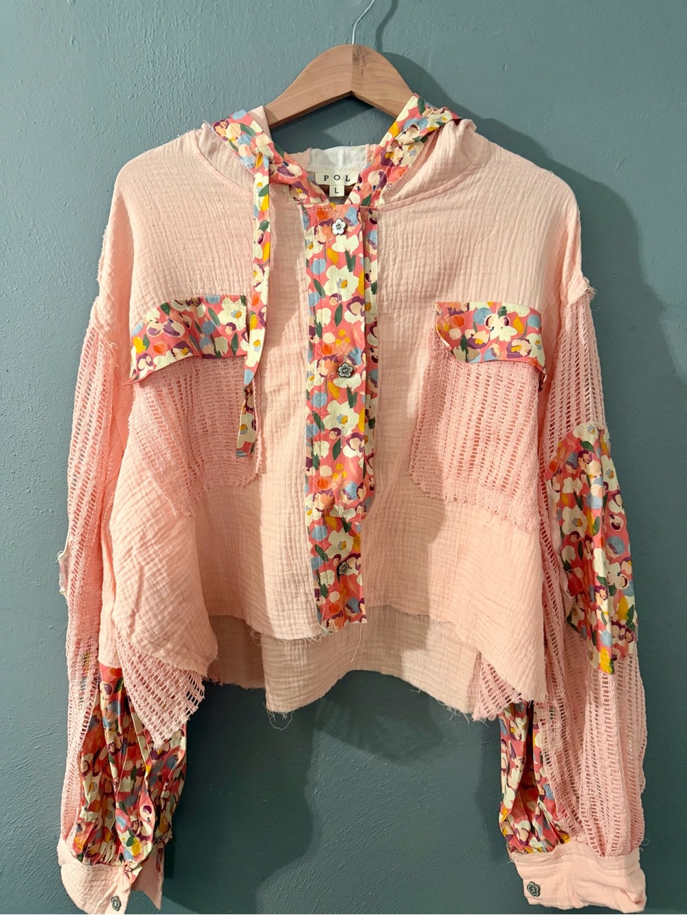 NWOT. POL Peach Hooded Pullover with Multicolor Floral Trim